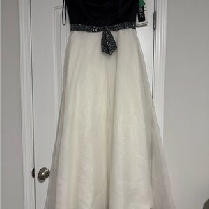 Bari Jay Black and White Strapless Gown